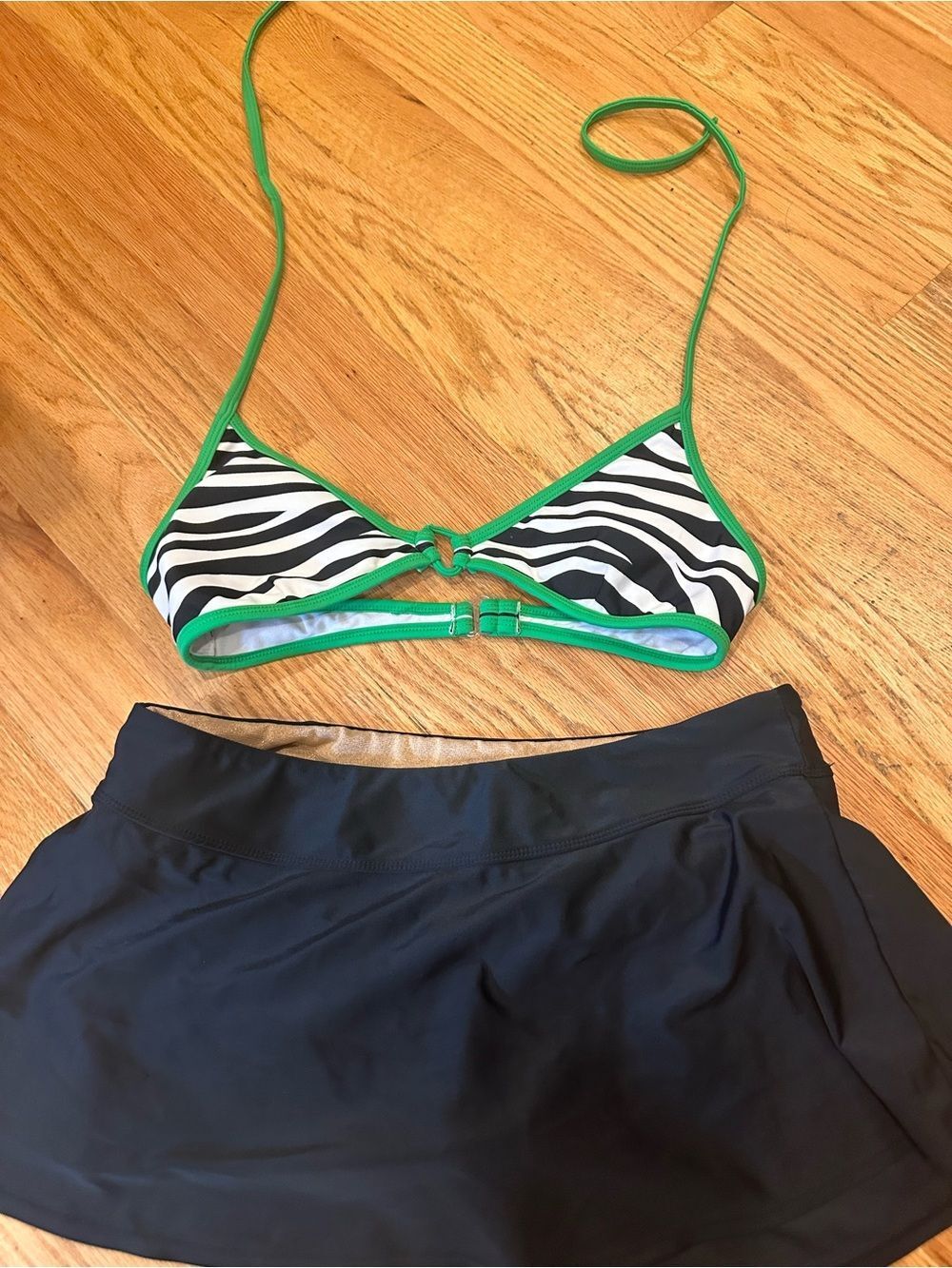 Medium Swim Suit Bundle Zebra Bikini Top Green Trim- Elle Black Swim Skirt